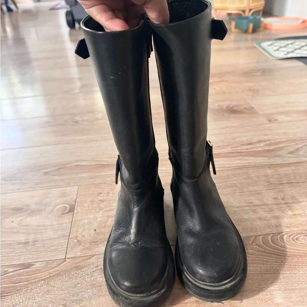 Kids Black Leather Knee-High Boots with Buckles - Picture 4 of 6